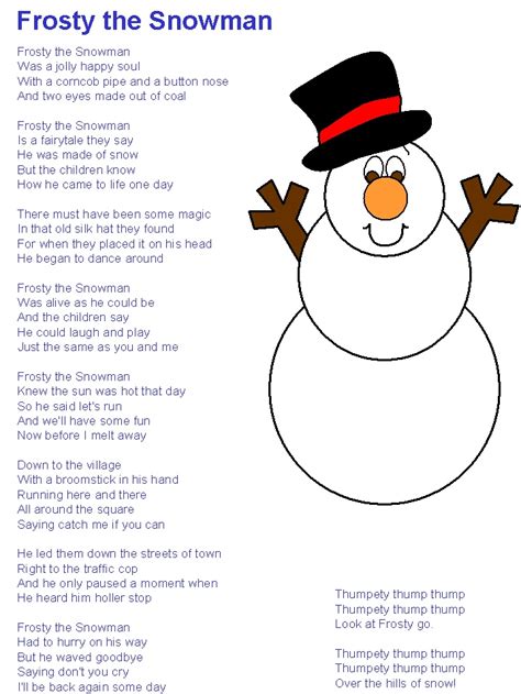 Frosty the snowman lyrics - Frosty the snowman was a jolly happy soul With a corncob pipe and a button nose And two eyes made out of coal Frosty the snowman is a fairytale they say He was made of snow but the children Know how he came to life one day There must have been some magic in that old silk hat they found For when they placed it on his head He …